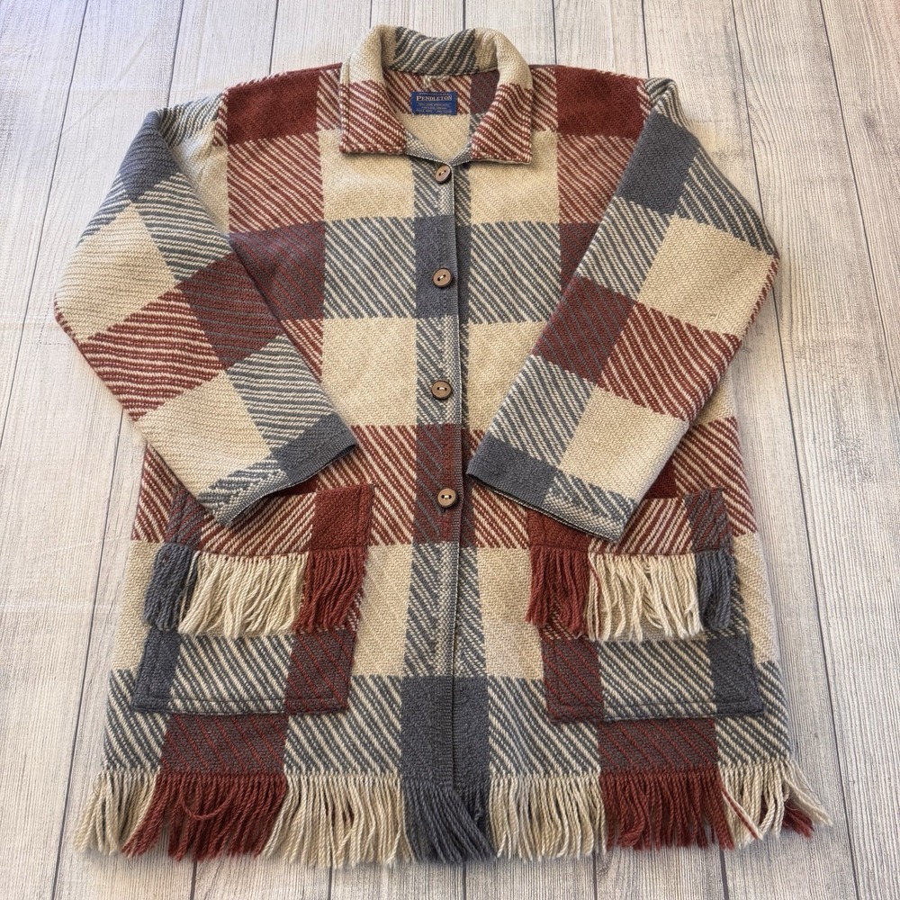 Pendleton Virgin Wool Plaid Fringe Blanket Coat Jacket USA Made Women's XL